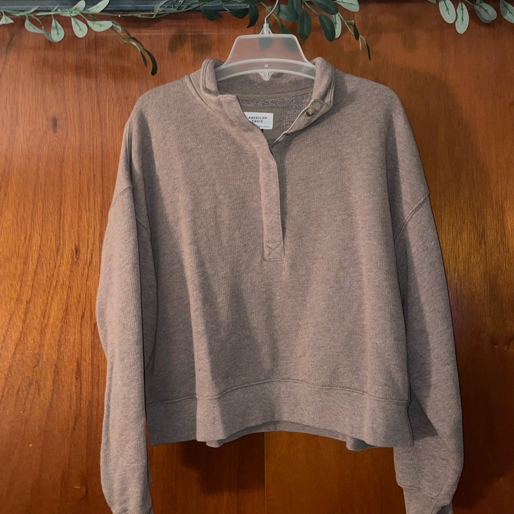 American Eagle Cropped Henley Fleece Sweatshirt